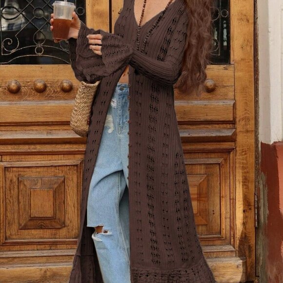 Sweaters - Brown Casual Women's Long Sleeve Button Elegant Crochet caridgan